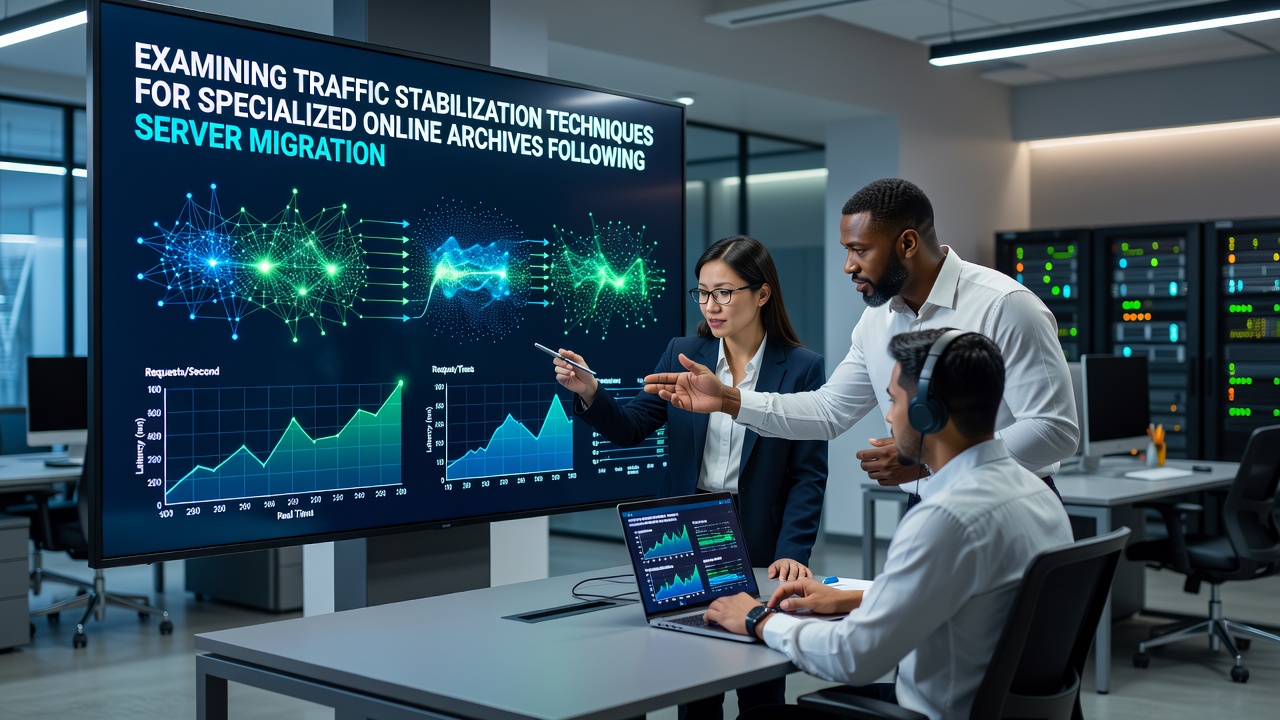 Traffic analytics graphs displaying stabilization trends after archive server migration with CDN integration points highlighted