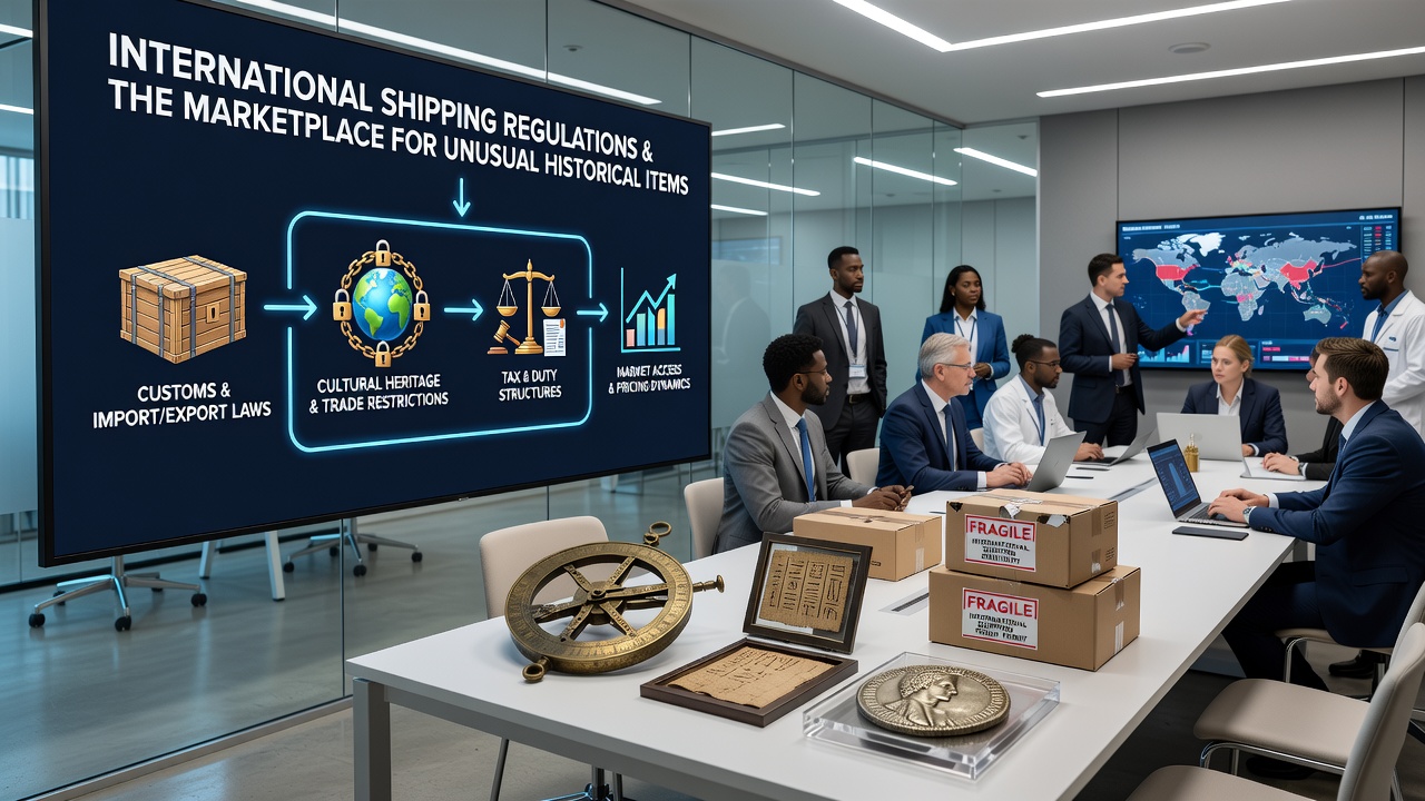Collector examining rare historical relics with shipping documents nearby